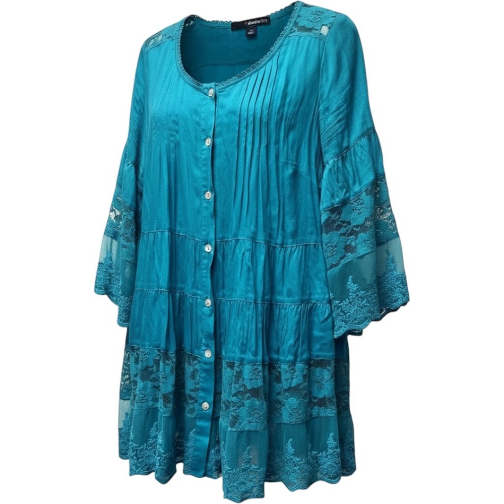Denim 24/7 Tunic Blouse 12W Teal Blue Lace Pintuck Boho Feminine Whimsigoth Plus